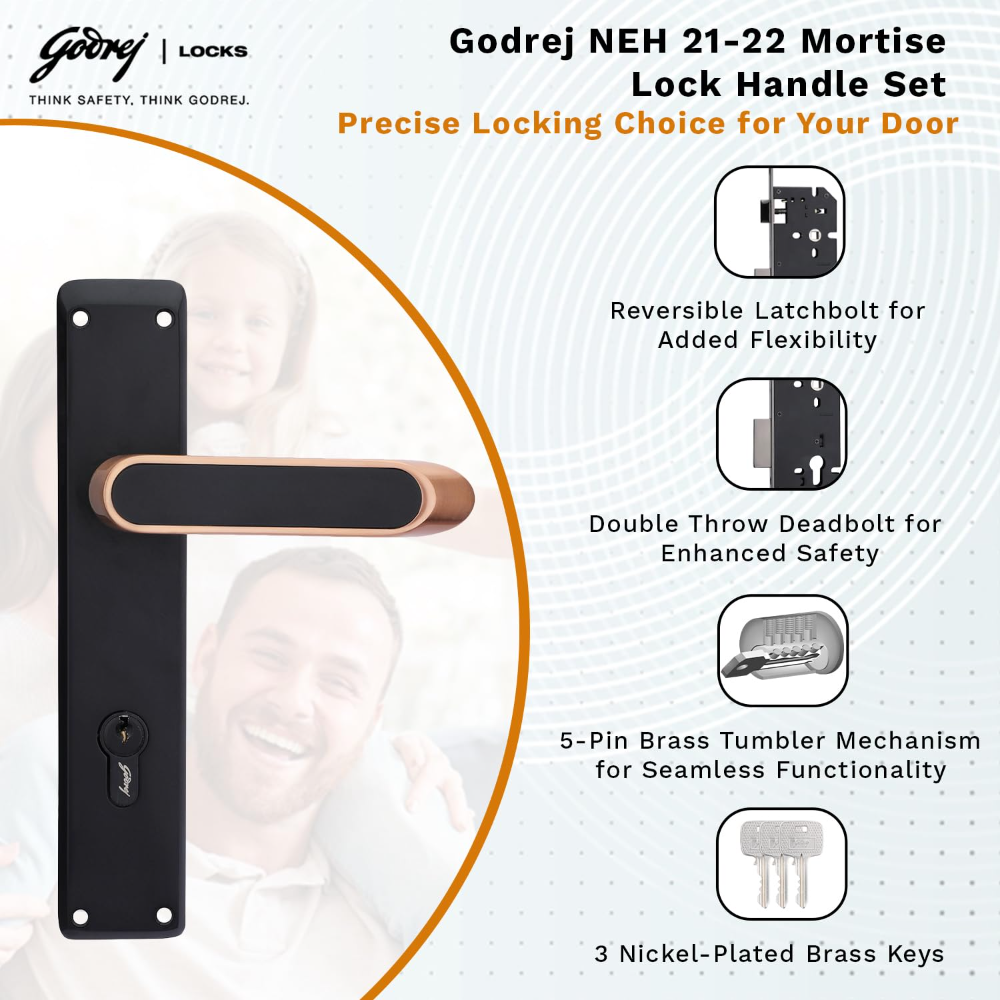 Godrej Mortise Lock|Handle Lock Set for Main & Internal Door of Home & Offices|NEH 21|Black Rose Finish|10 inch Lockbody|60mm Cylinder Key from Outside knob from Inside & 3 Keys|5 Years Warranty